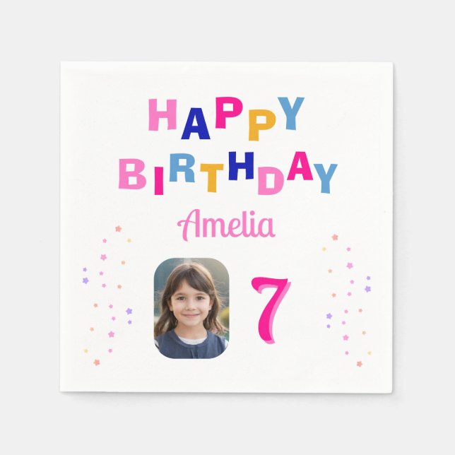  Pink Stars Happy Birthday Party Girl Photo   Napkins (Front)