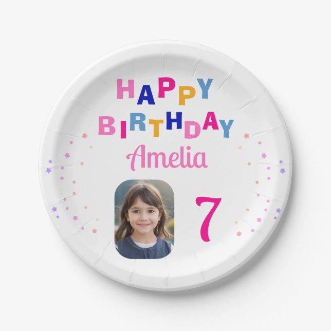  Pink Stars Happy Birthday Party Girl Photo   Paper Plates (Front)