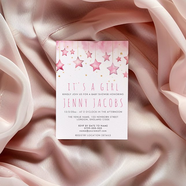 Pink stars It's a Girl baby shower Invitation (Pink star baby shower invitation with watercolor stars and elegant script for a girl.)