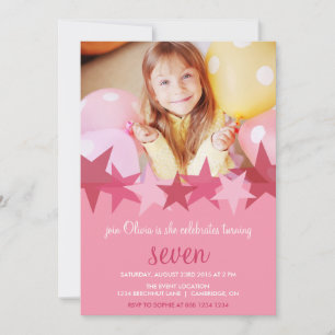 Pink Stars Kids Photo Birthday Party Invitation