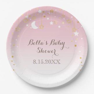 Pink Stars Moon Baby Shower Paper Plates