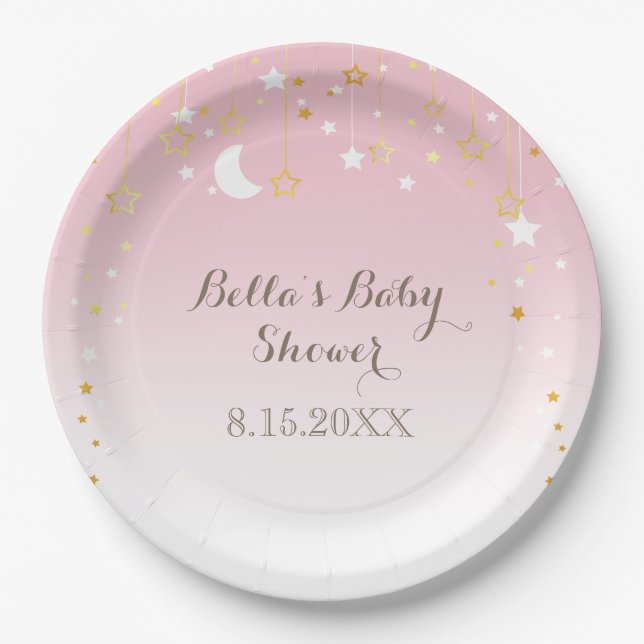 Pink Stars Moon Baby Shower Paper Plates (Front)