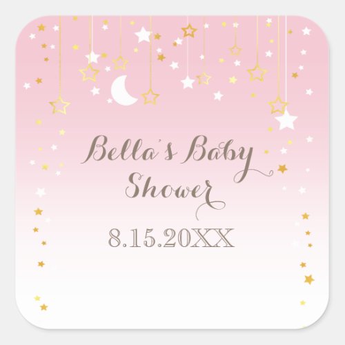 Pink Stars Moon Baby Shower Square Sticker