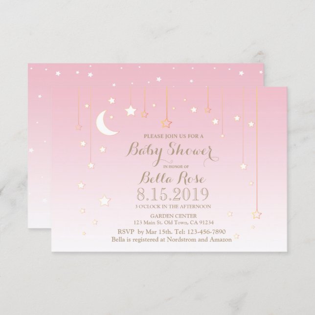 Pink stars moon girl baby shower invitations (Front/Back)