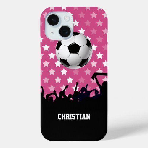 Pink Stars Soccer Ball and Fans iPhone 15 Case