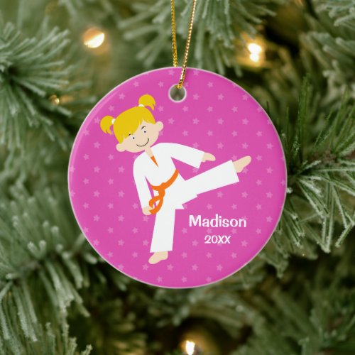 Pink Stars Taekwondo Blond Girl Personalized Ceramic Ornament