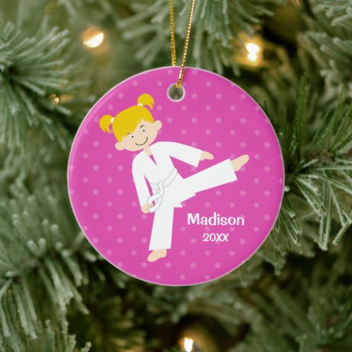 Pink Stars Taekwondo Blond Girl Personalized Ceramic Ornament