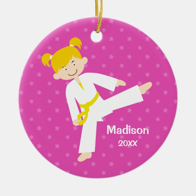 Pink Stars Taekwondo Blonde Girl Personalized Ceramic Ornament (Front)