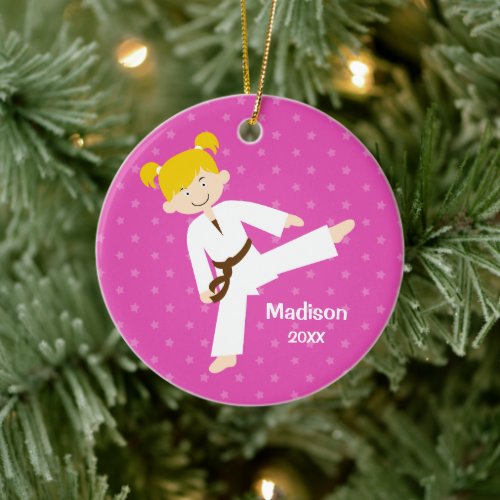 Pink Stars Taekwondo Blonde Girl Personalized Ceramic Ornament