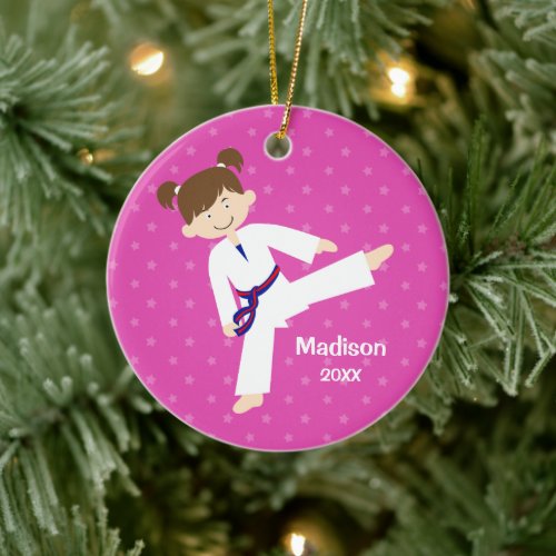 Pink Stars Taekwondo Karate Girl Blue Personalized Ceramic Ornament