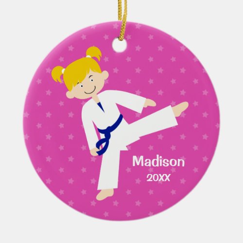 Pink Stars Taekwondo Karate Girl Personalized Ceramic Ornament