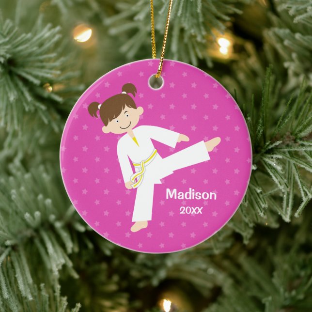 Pink Stars Taekwondo Karate Girl Personalized Ceramic Ornament (Tree)