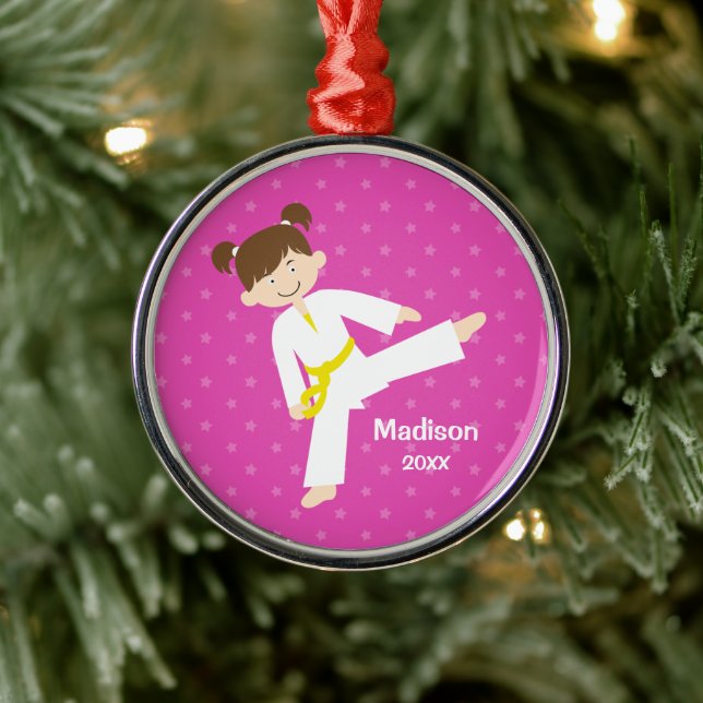 Pink Stars Taekwondo Karate Girl Personalized Metal Ornament (Tree)
