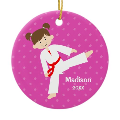 Pink Stars Taekwondo Karate Red Girl Personalized Ceramic Ornament