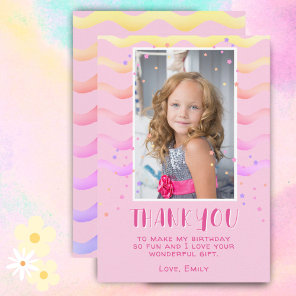 Pink Stars Waves Birthday Kids Girl Photo  Thank You Card