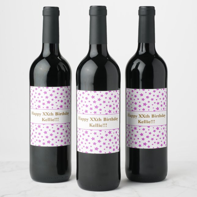 Pink Stars With Message Birthday Wine Label (Bottles)