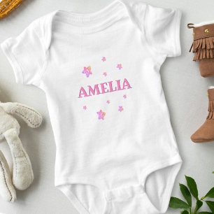 Pink Stars with Name Cute Baby Girl Bodysuit