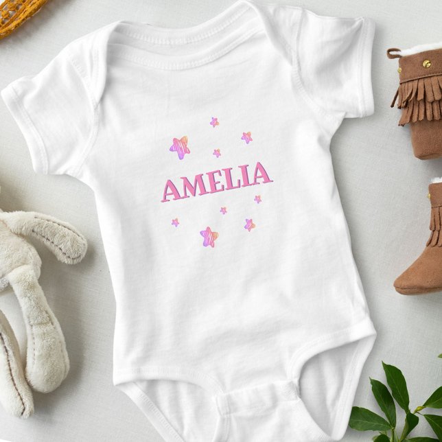 Pink Stars with Name Cute Baby Girl Bodysuit (Creator Uploaded)