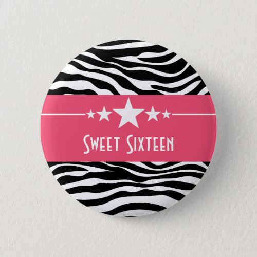 Pink Stars Zebra Print Sweet 16 Button