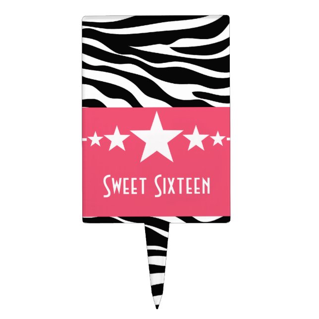 Pink Stars Zebra Print Sweet 16 Cake Pick (Front)