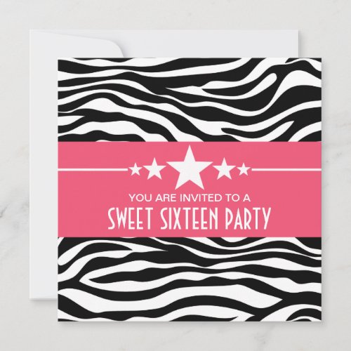 Pink Stars Zebra Print Sweet 16 Invite