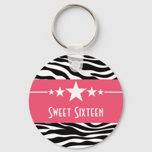 Pink Stars Zebra Print Sweet 16 Keychain