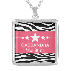 Pink Stars Zebra Print Sweet 16 Necklace
