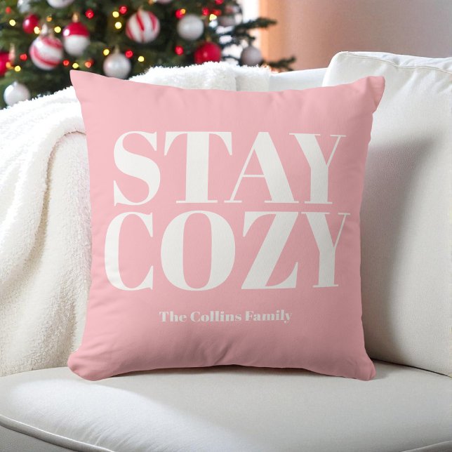 Pink Stay Cozy Festive Typography White Christmas Throw Pillow (Pink Stay Cozy Festive Typography White Christmas Throw Pillow)