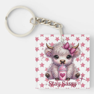 Pink, Stay Sassy, Highland Cows Keychain