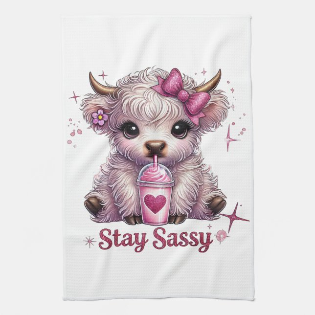 Pink, Stay Sassy, Highland Cows Kitchen Towel (Vertical)