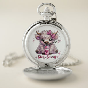 Pink, Stay Sassy, Highland Cows Pocket Watch