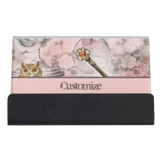 Pink Steam Punk Retro Goth Owl Keys Desk Business Card Holder