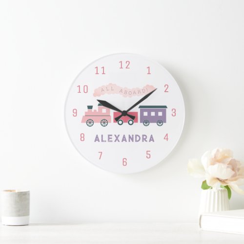 Pink Steam Train Kids Girl Nursery Clock