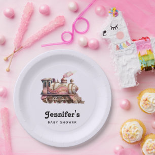 Pink Steam Train Vintage Baby Shower Paper Plates