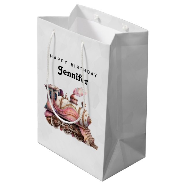 Pink Steam Train Vintage Birthday Medium Gift Bag (Back Angled)