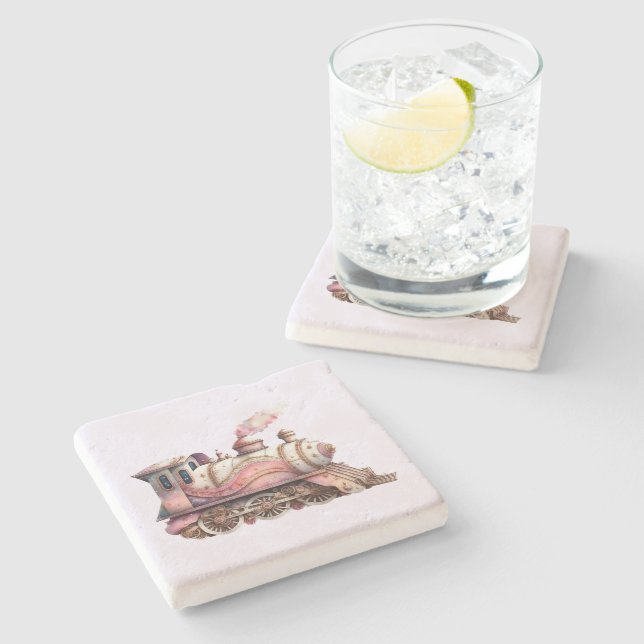 Pink Steam Train Vintage Style Stone Coaster (Side)