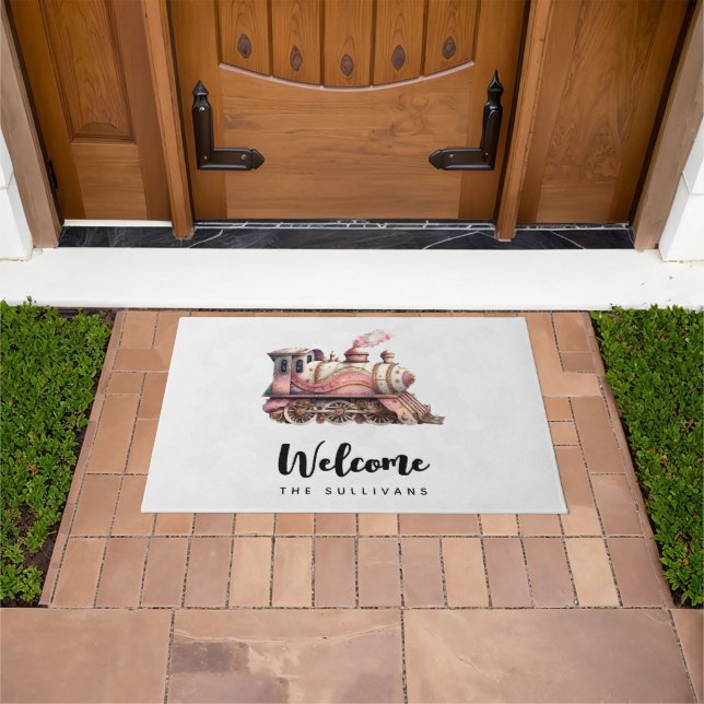 Pink Steam Train Vintage Style Welcome Doormat (Outdoor)