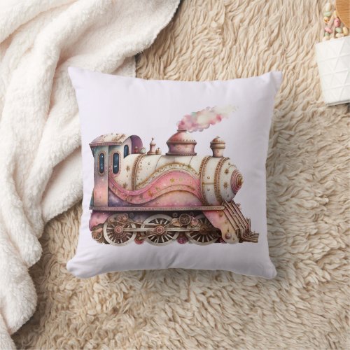 Pink Steam Train Vintage Throw Pillow