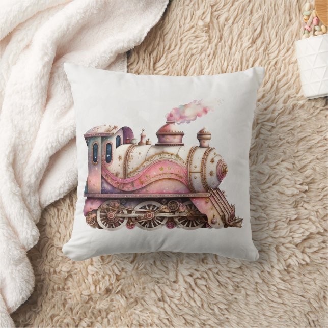 Pink Steam Train Vintage Throw Pillow (Blanket)