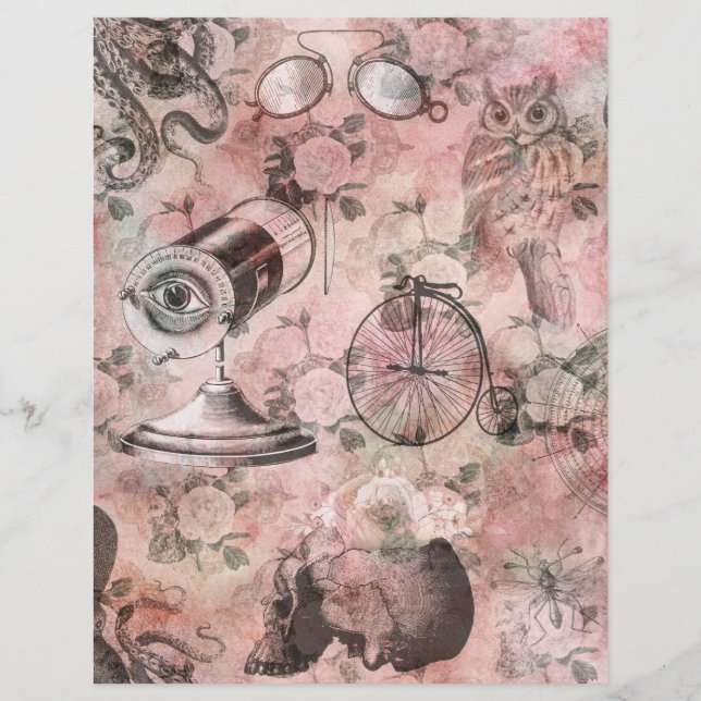 Pink Steampunk Collage Scrapbook Paper (Front)
