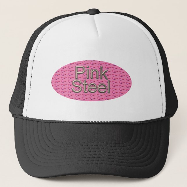 Pink Steel oval black and white trucker hat (Front)
