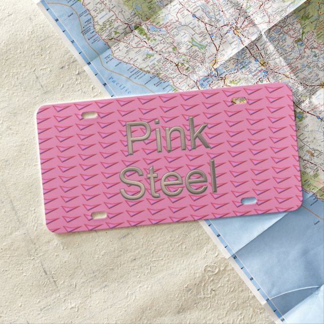 Pink Steel w name plastic car license plate (In Situ)