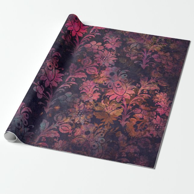 Pink Stencil Flowers on Dark Wrapping Paper (Unrolled)