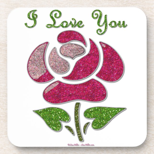 Pink Stencil Rose I Love You Drink Coaster (Front)