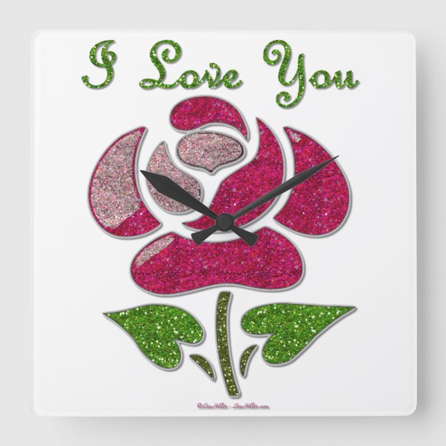 Pink Stencil Rose I Love You Square Wall Clock (Front)