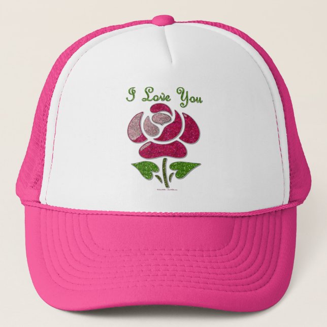 Pink Stencil Rose I Love You Trucker Hat (Front)
