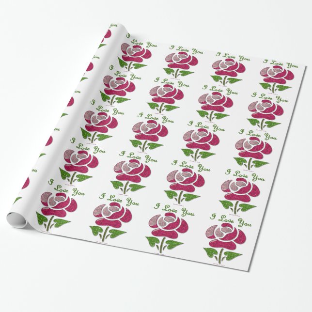Pink Stencil Rose I Love You Wrapping Paper (Unrolled)