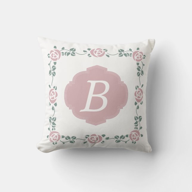 Pink Stencil Roses and Monogram Pillow (Front)