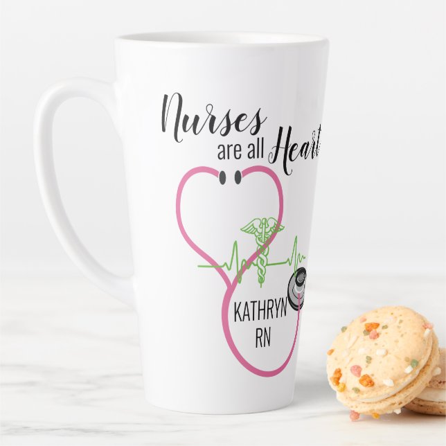 Pink Stethoscope EKG Nurses Are All Heart Name Latte Mug (In Situ)