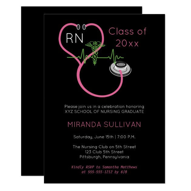Pink Stethoscope EKG Nursing Graduation Party Invitation